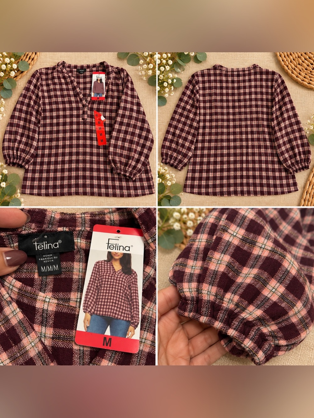 Felina Women's Lurex Plaid Long Sleeve Top Brown & Pink Medium